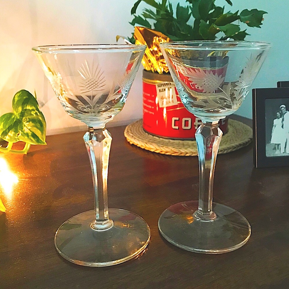 Elegant Vintage Stemmed Cordial Cocktail Glasses, 1940s-50s, Set of 2